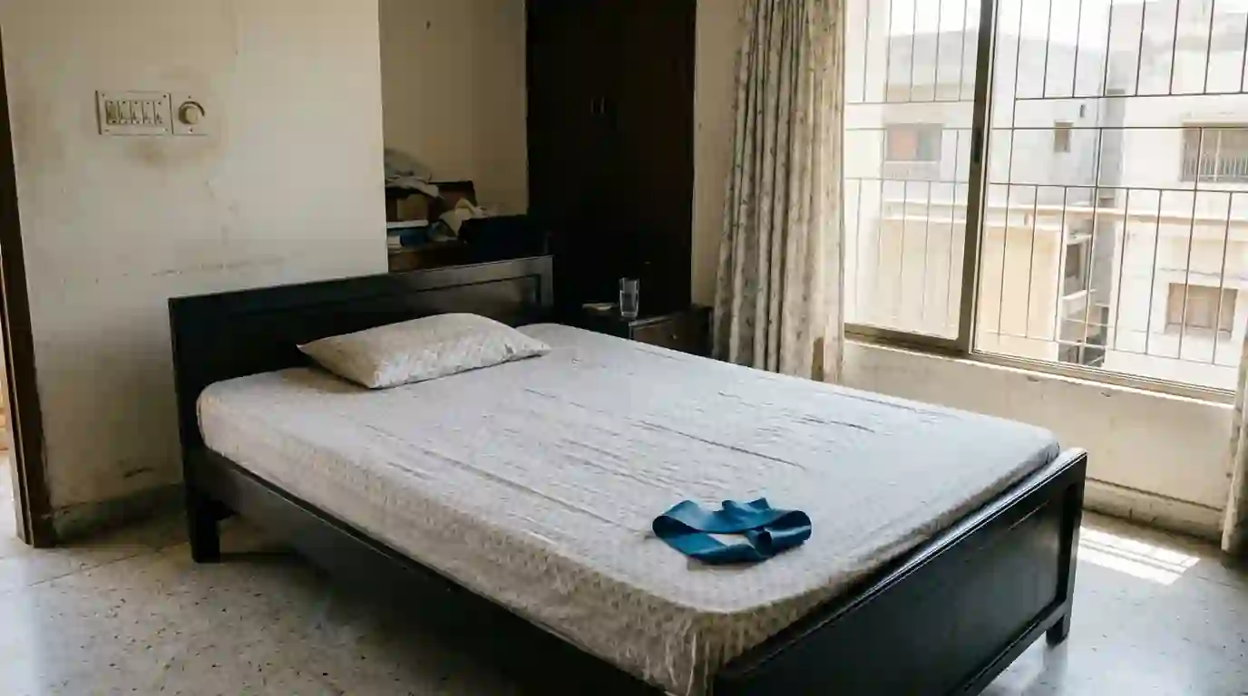 Firm bed with a flat pillow and an exercise band