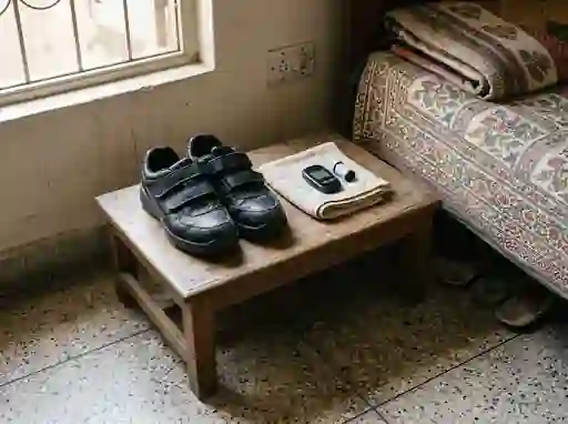 Glucose meter and diabetic shoes beside a bed