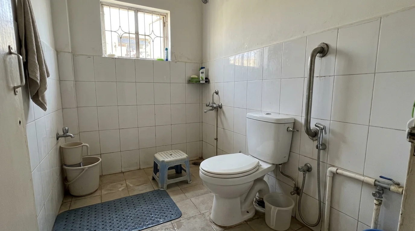 Bathroom with a grab rail, non-slip mat and shower stool