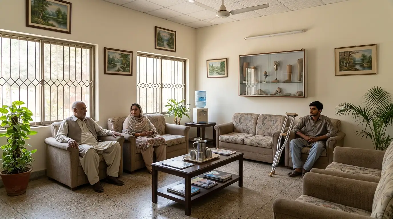 Family waiting area with chairs and a water jug