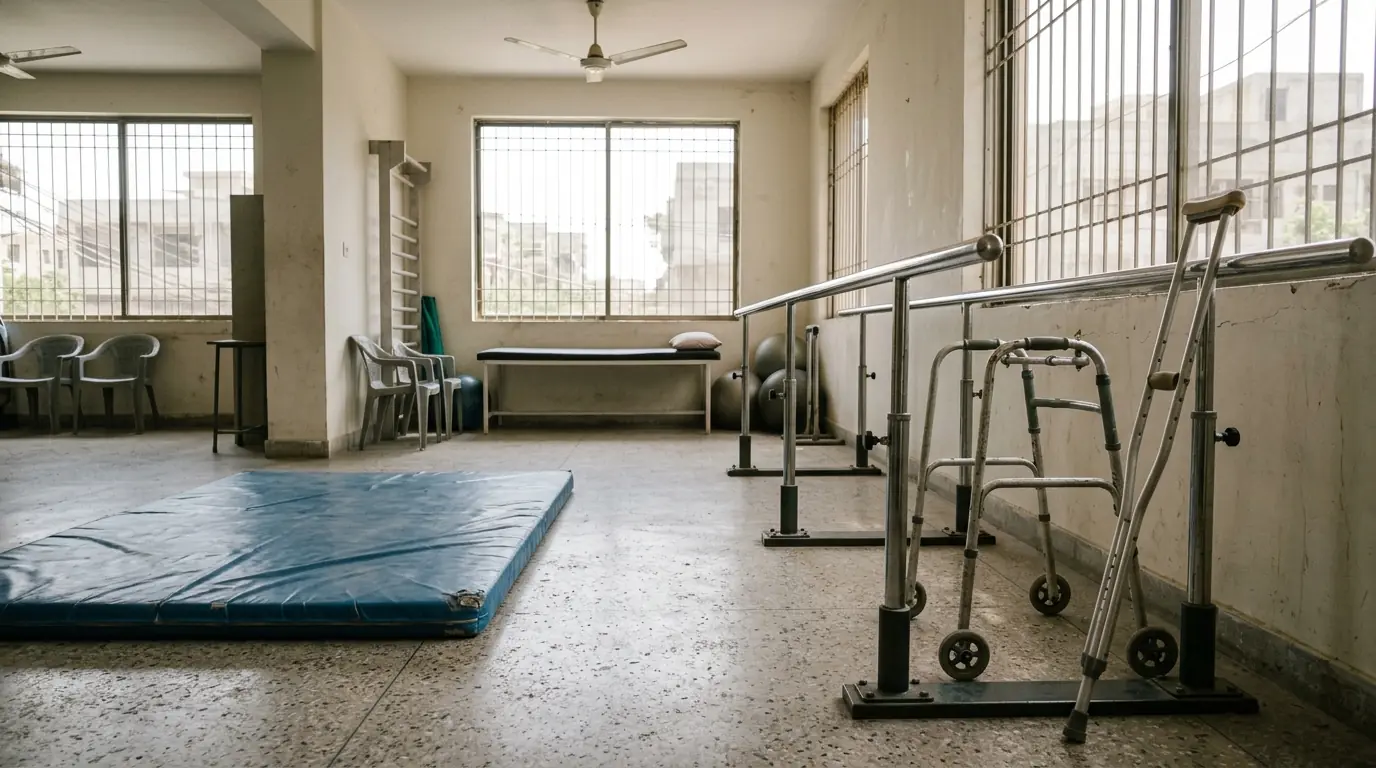 Walker and forearm crutches beside parallel bars