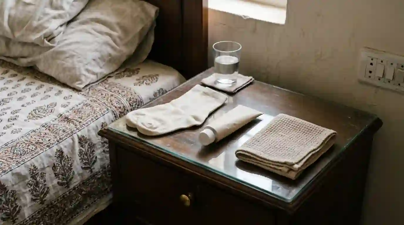 Seamless socks, foot cream and a towel on a bedside table