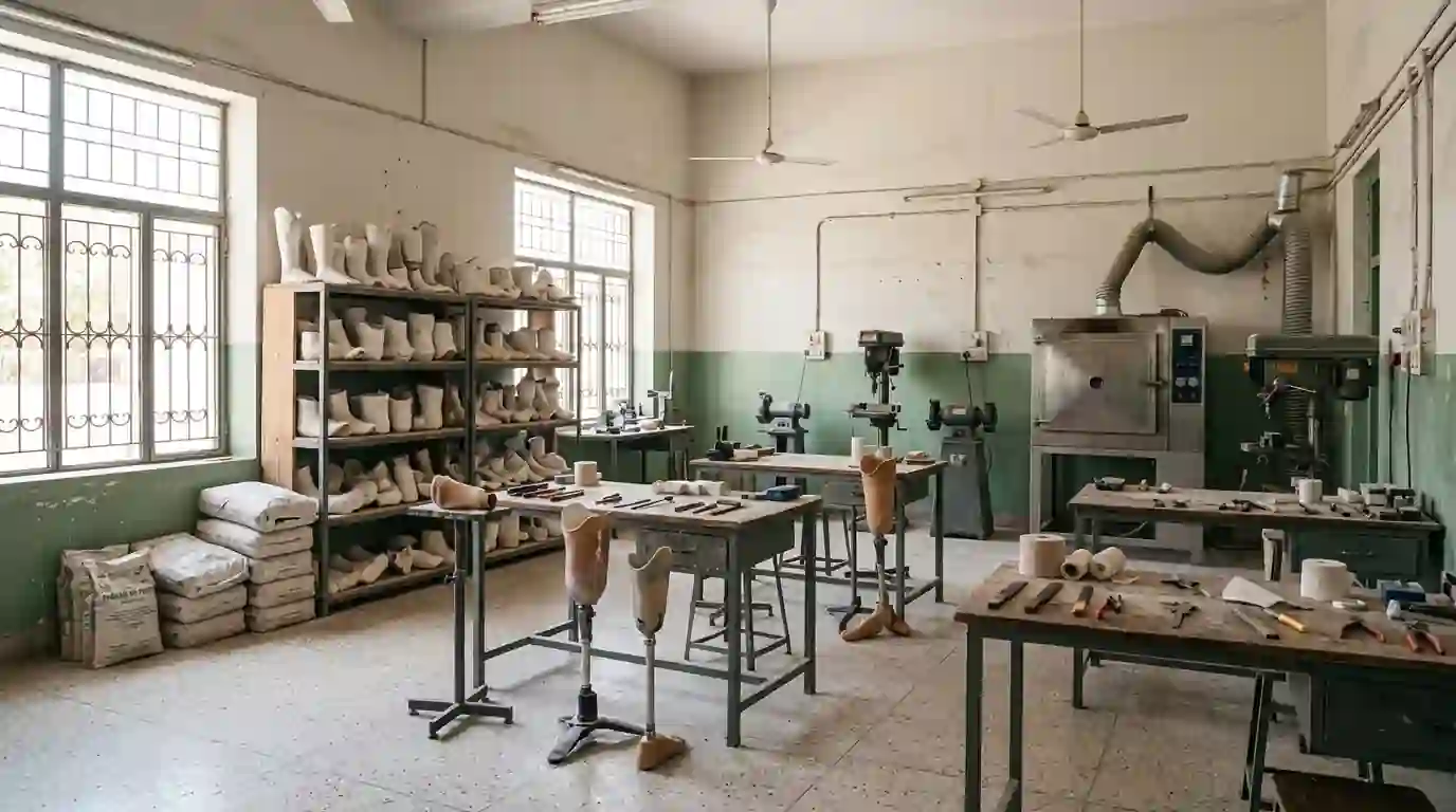 Prosthetics workshop with benches, models and legs in progress