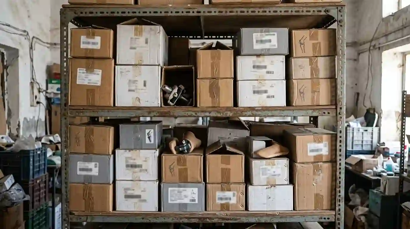 Shelf of boxed imported prosthetic parts
