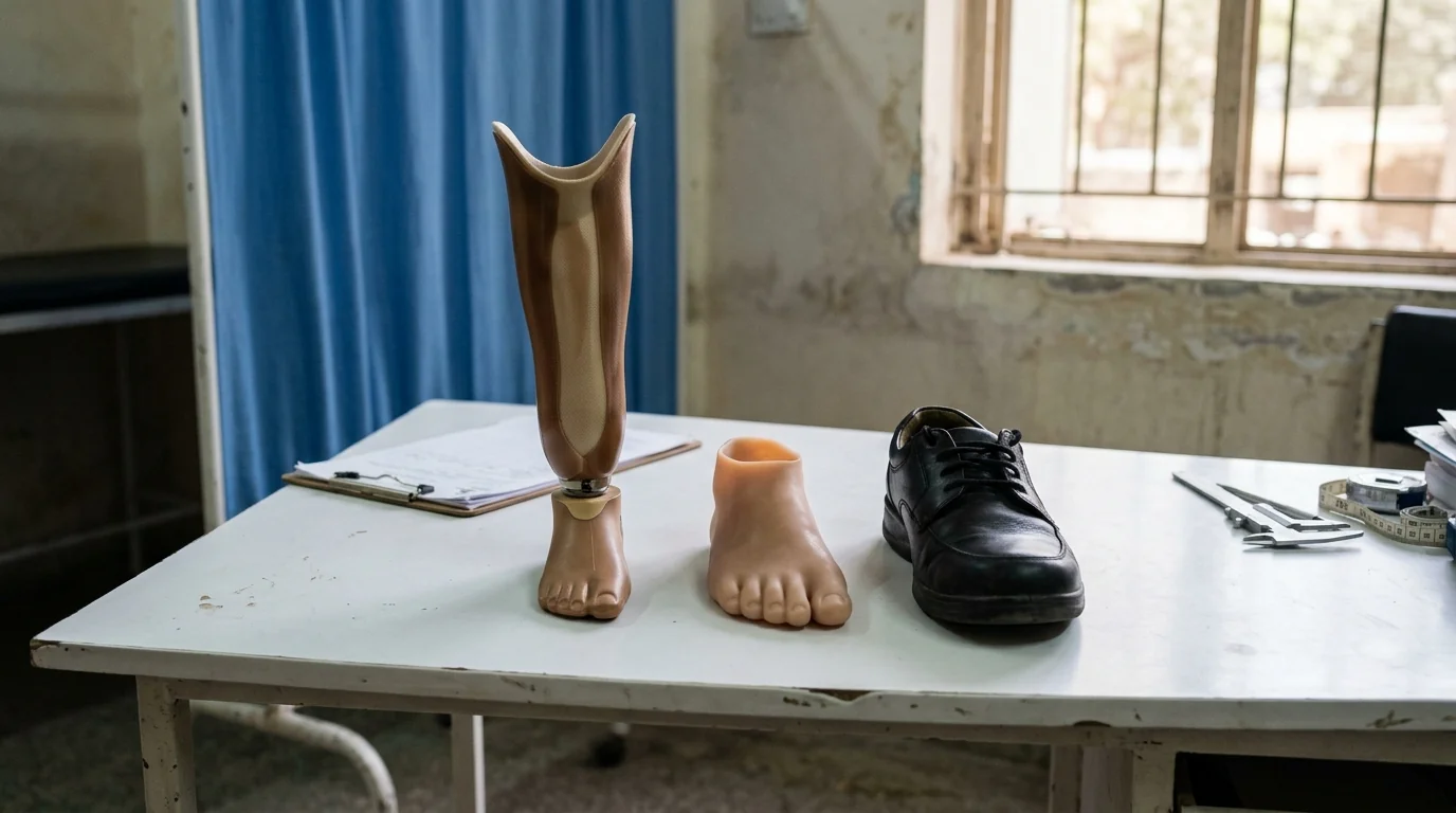 Syme ankle prosthesis beside a partial foot filler