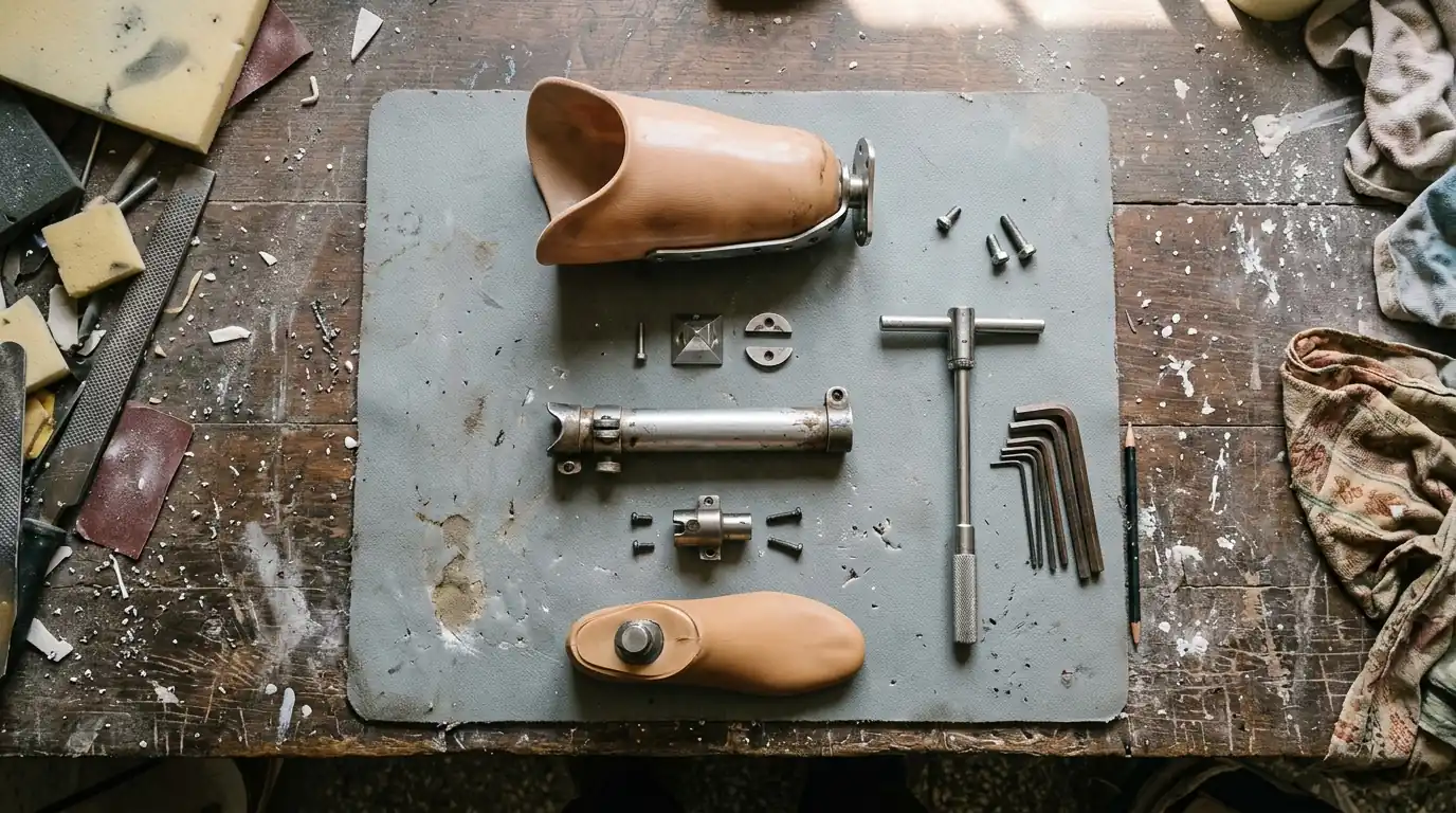 Below-knee leg taken apart into its parts on a workbench