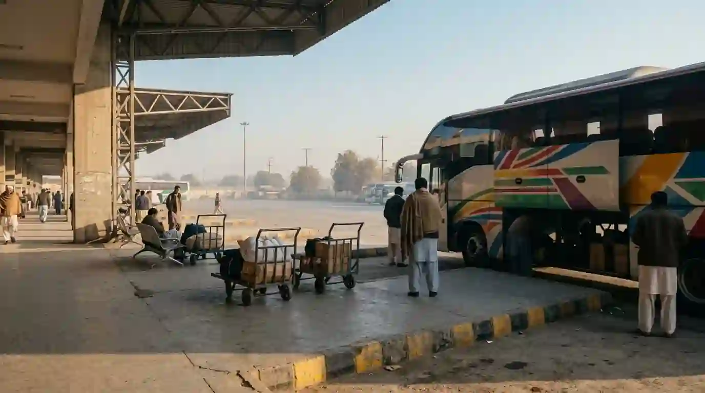 Intercity coach at a Karachi bus terminal in the early morning