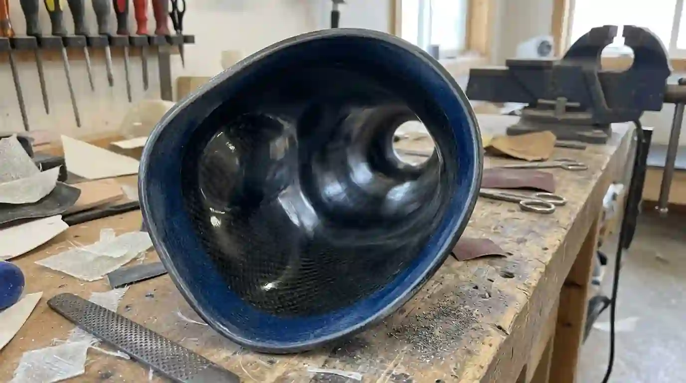 Inside of a below-knee socket showing its shaped pressure areas