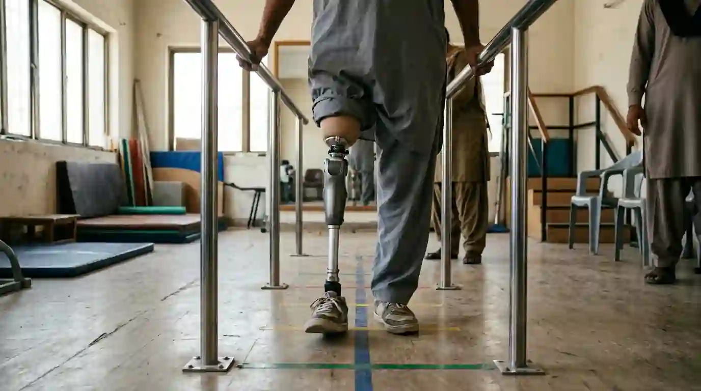 A man walking between parallel bars on an above-knee prosthesis