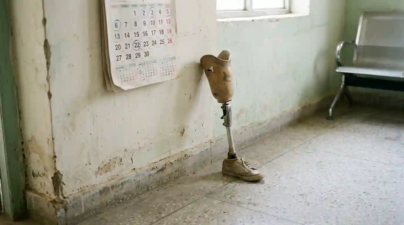 Wall calendar above a below-knee prosthetic leg