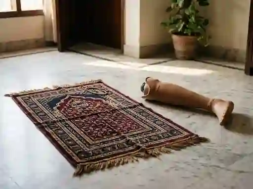 Prosthetic leg beside a woven prayer mat at home