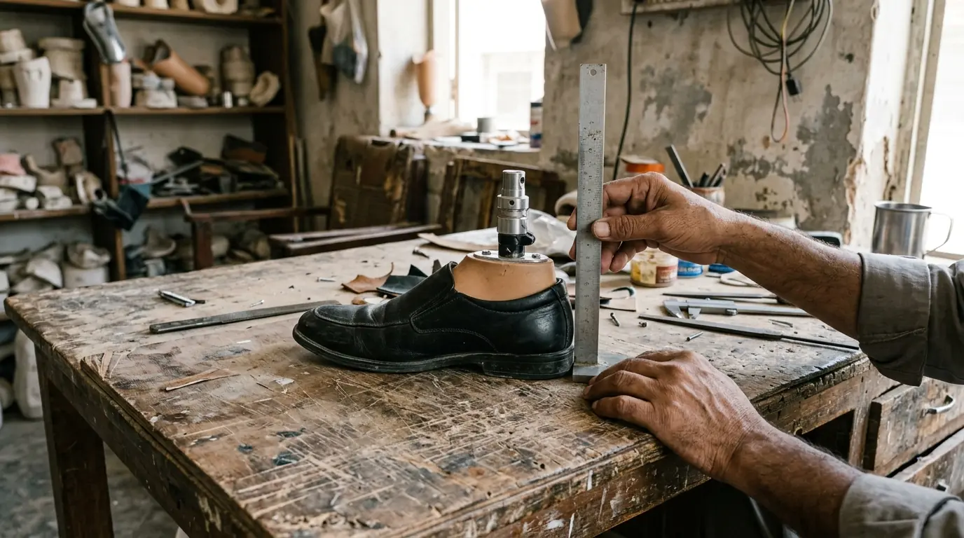 Prosthetic foot in a shoe beside a heel height gauge