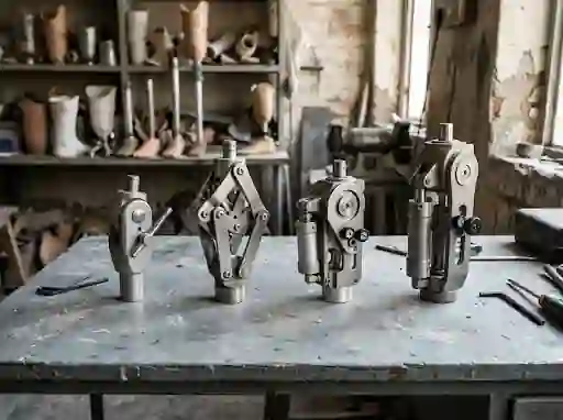 Four prosthetic knee joints in a row