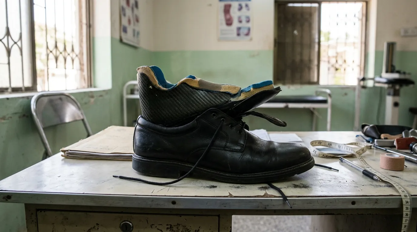 Carbon partial foot prosthesis inside a leather shoe