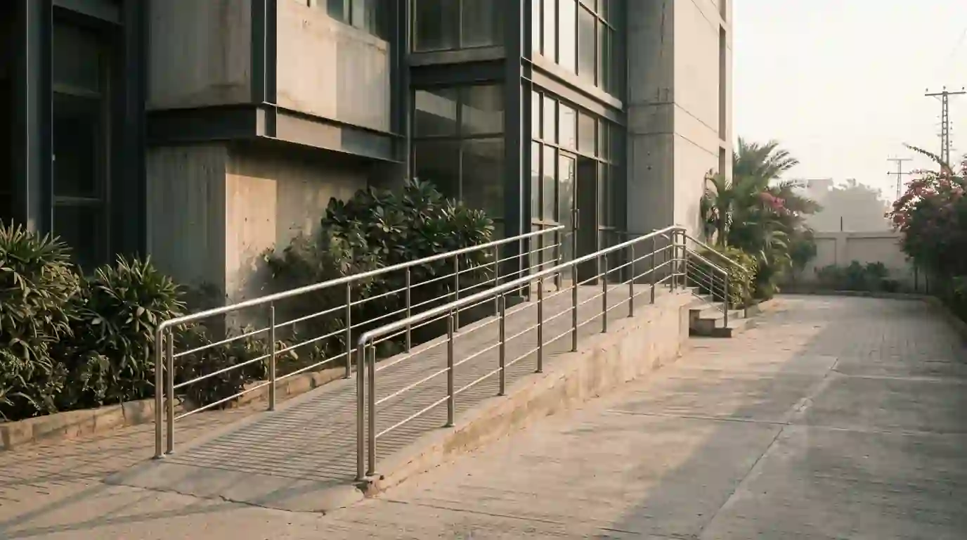 Concrete ramp with a handrail at a building entrance