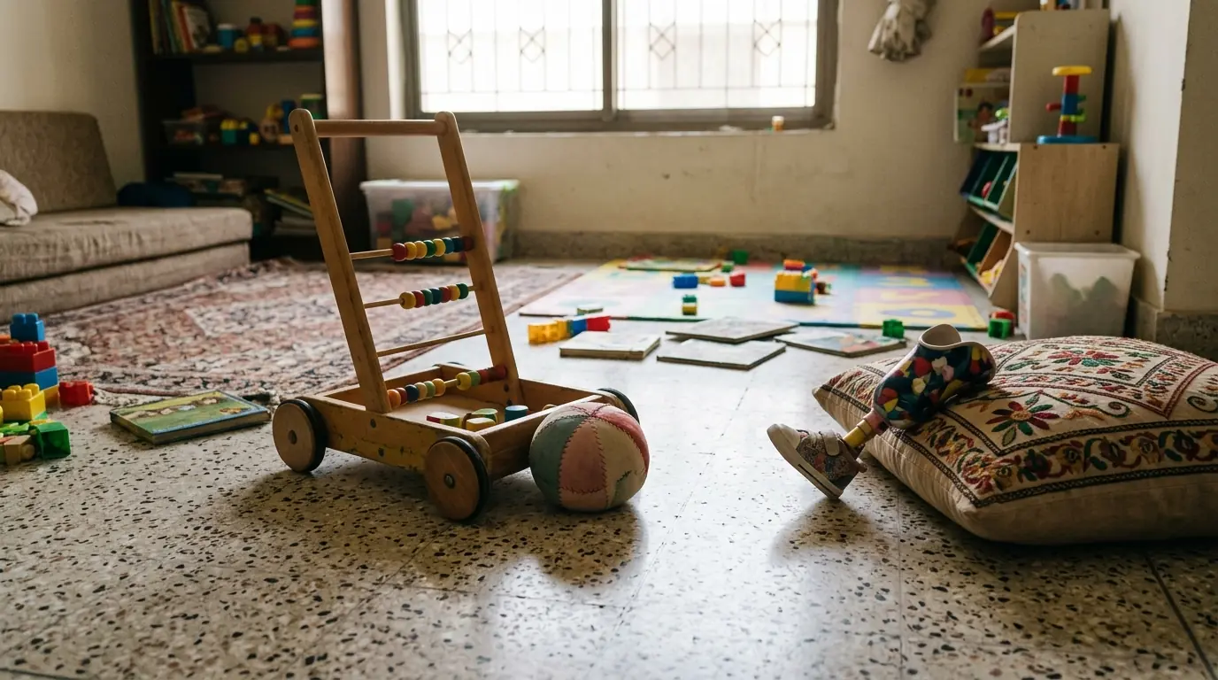 Toddler walker, toys and a child-size prosthetic leg in a playroom