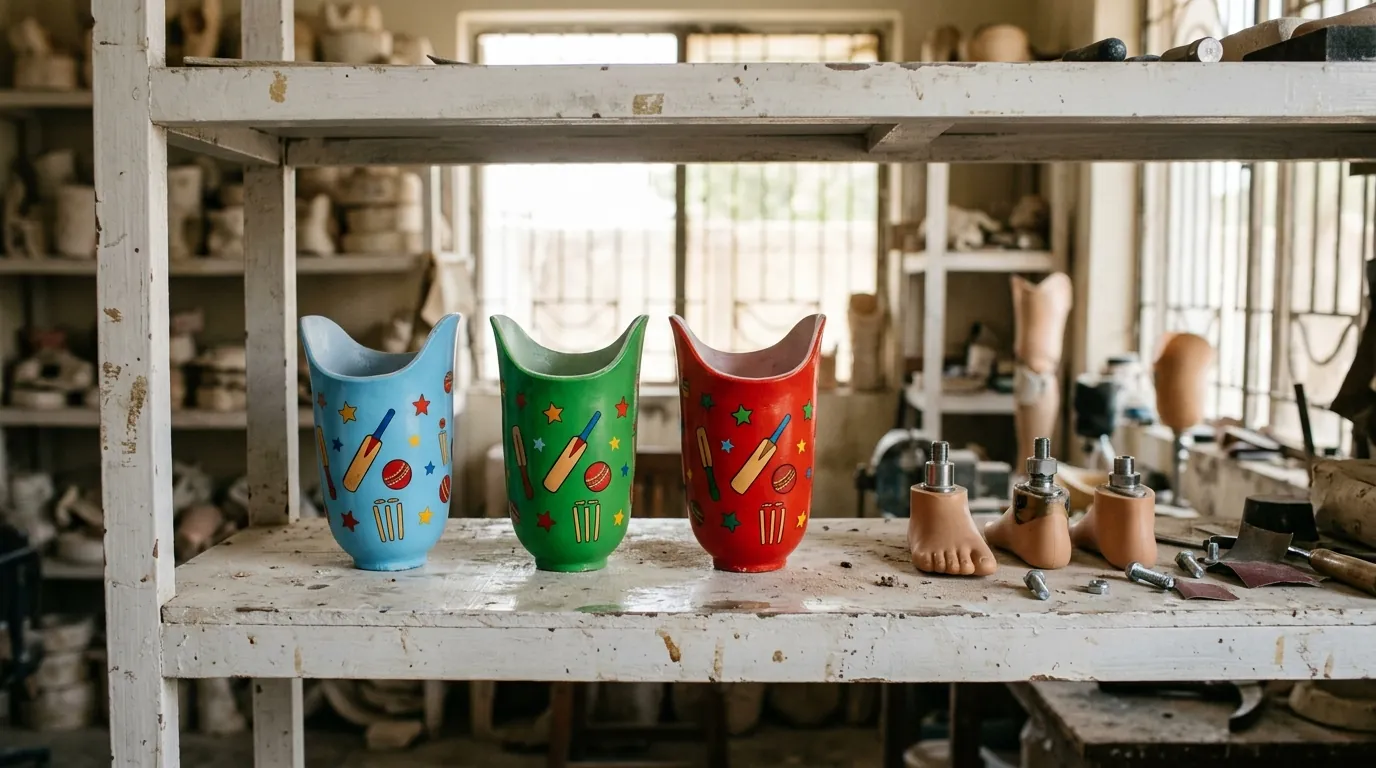 Three colourful child-size prosthetic sockets on a shelf