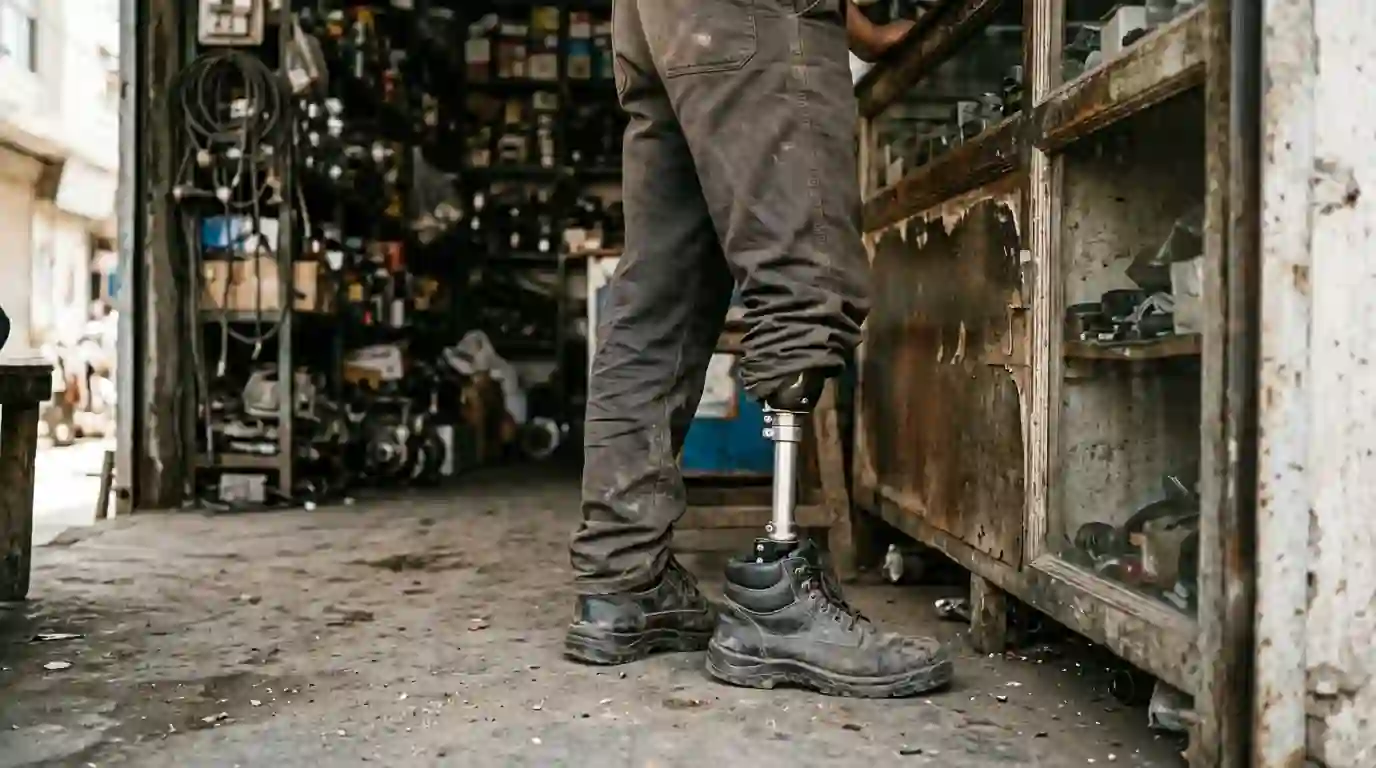 Young man standing at a shop counter with a below-knee prosthesis