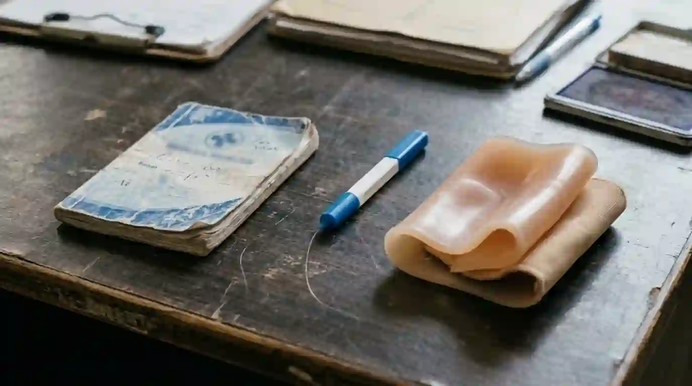 Diabetes record booklet, monofilament and gel liner on a desk