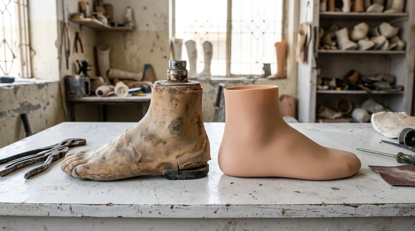 Worn prosthetic foot with a cracked shell beside a new shell