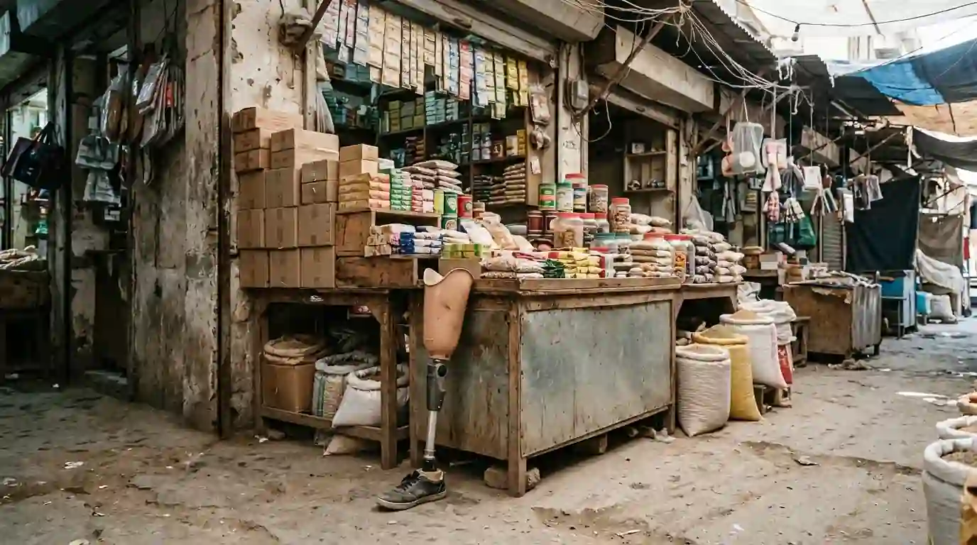 Above-knee leg beside a shop counter