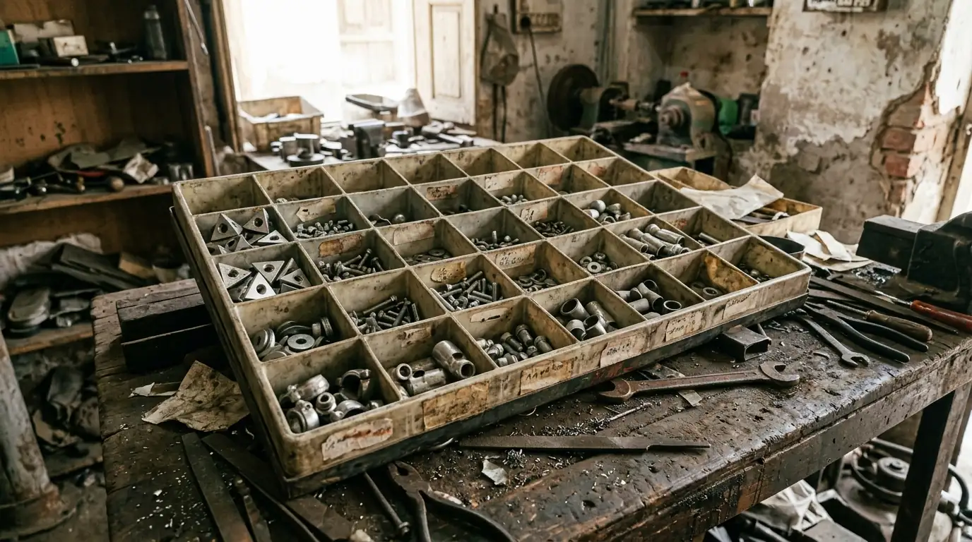 Tray of spare adapters, bolts and connectors