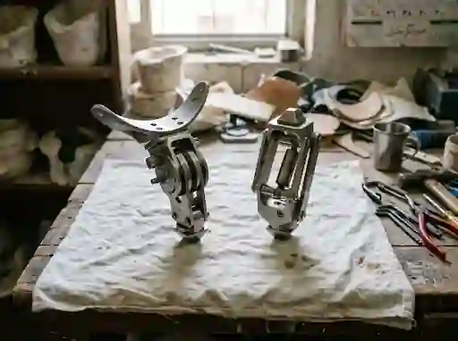 Prosthetic hip joint beside a knee joint