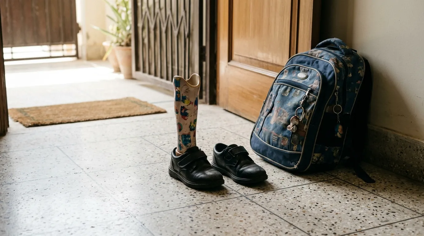 Small school shoes and a child-size prosthetic foot by a school bag
