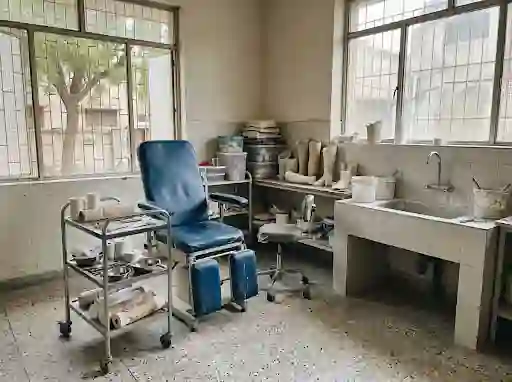 Casting room with a padded chair and plaster bandage