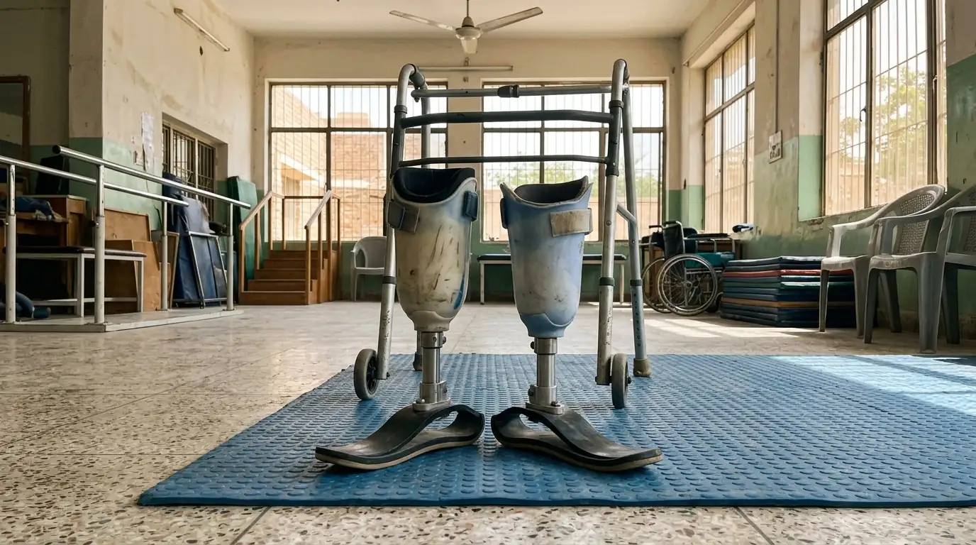 Short training legs on a mat in front of a walker