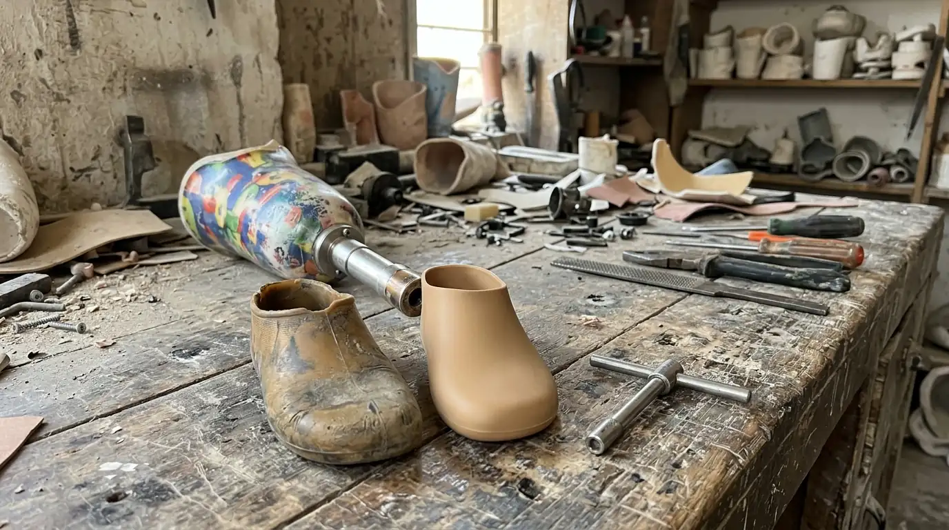 Child-size prosthetic leg with a worn foot cover on a repair bench