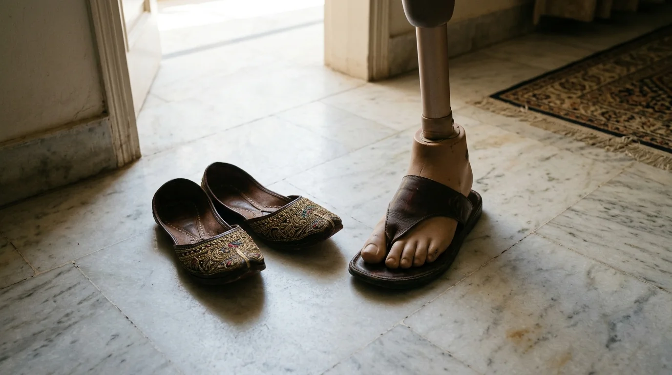 Prosthetic foot in a leather sandal beside embroidered khussa shoes