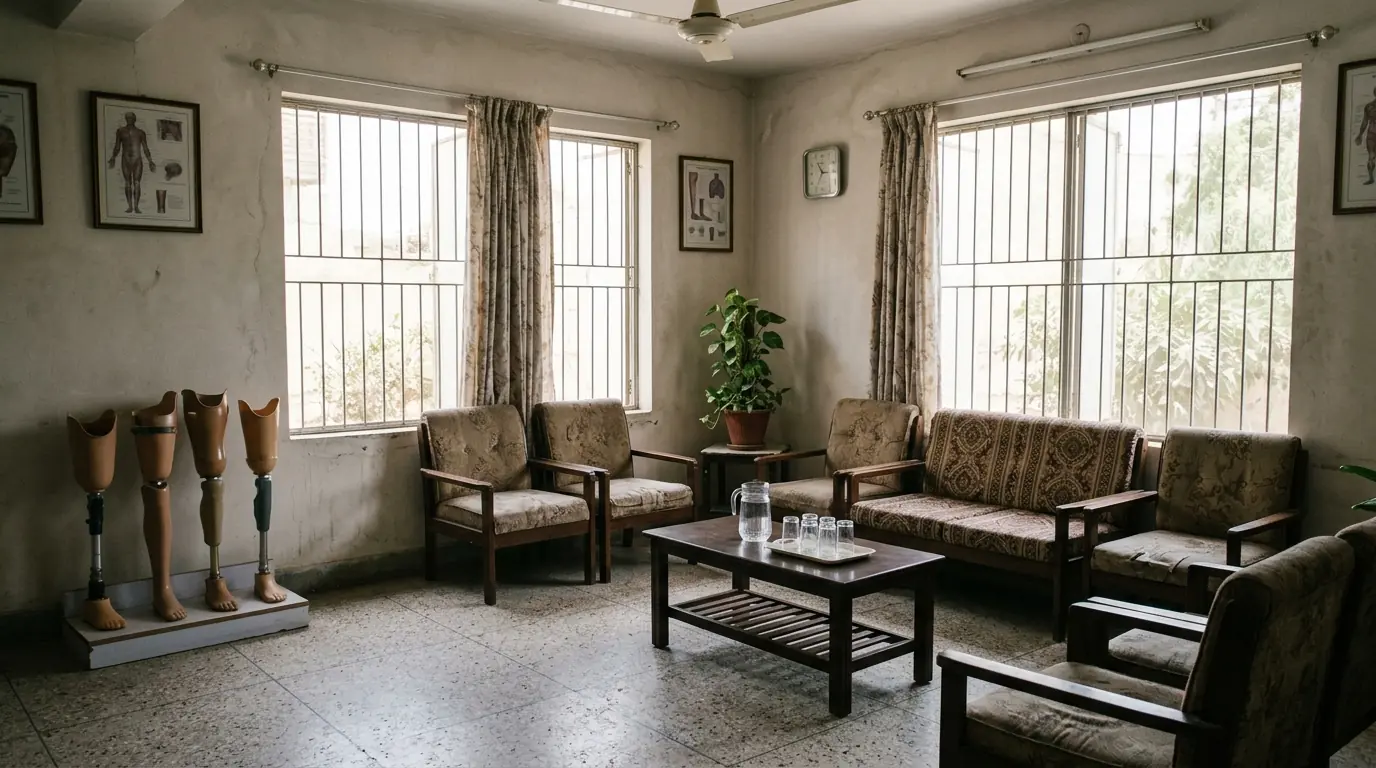 Calm clinic waiting area with a prosthetic leg display