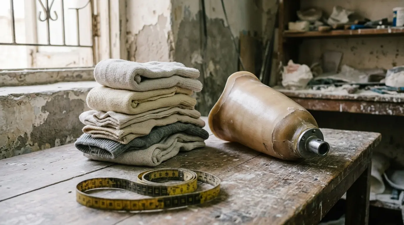 Stack of stump socks beside a socket and a tape measure