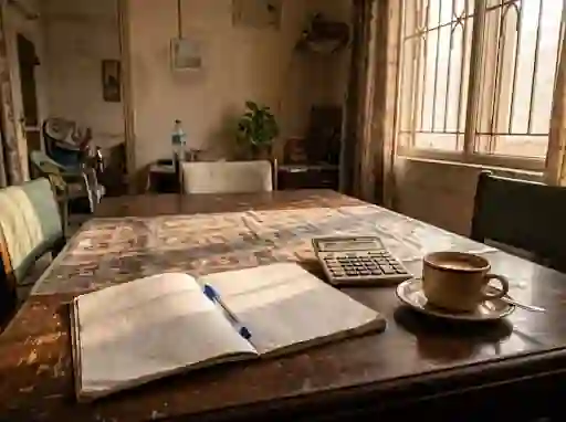 Budget notebook, calculator and tea on a dining table