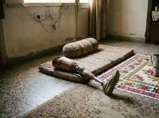 Floor cushion and cloth with a prosthetic leg resting beside them