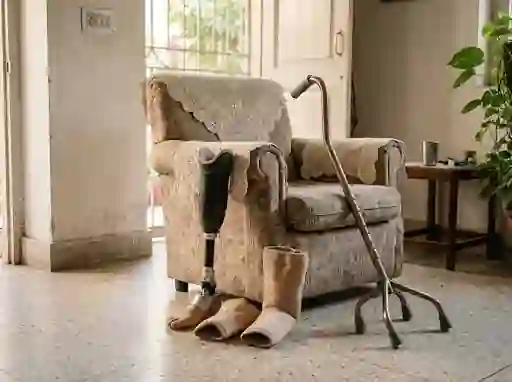 Lightweight prosthetic leg beside a walking stick at home