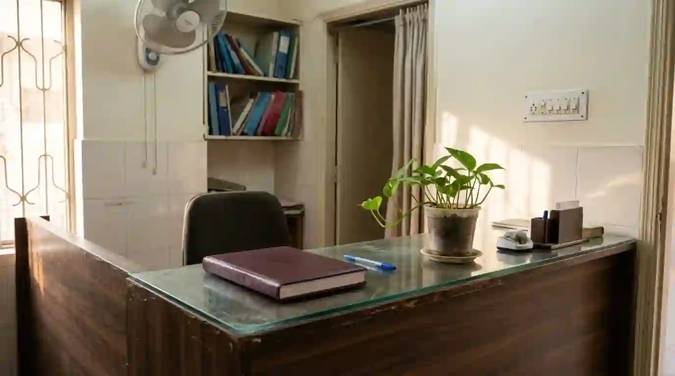 Clinic reception counter with an appointment diary