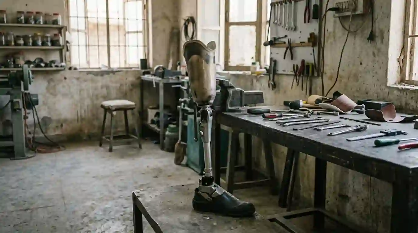 Sturdy below-knee leg with a multi-axial foot beside a workbench