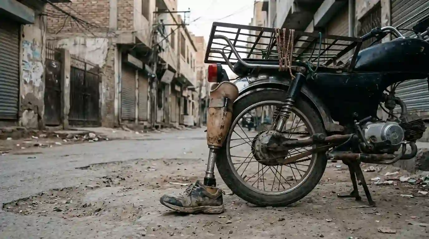 Below-knee leg resting against a parked delivery motorcycle
