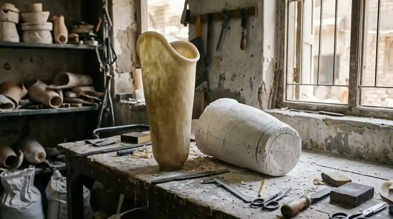 Above-knee thigh socket beside its plaster cast