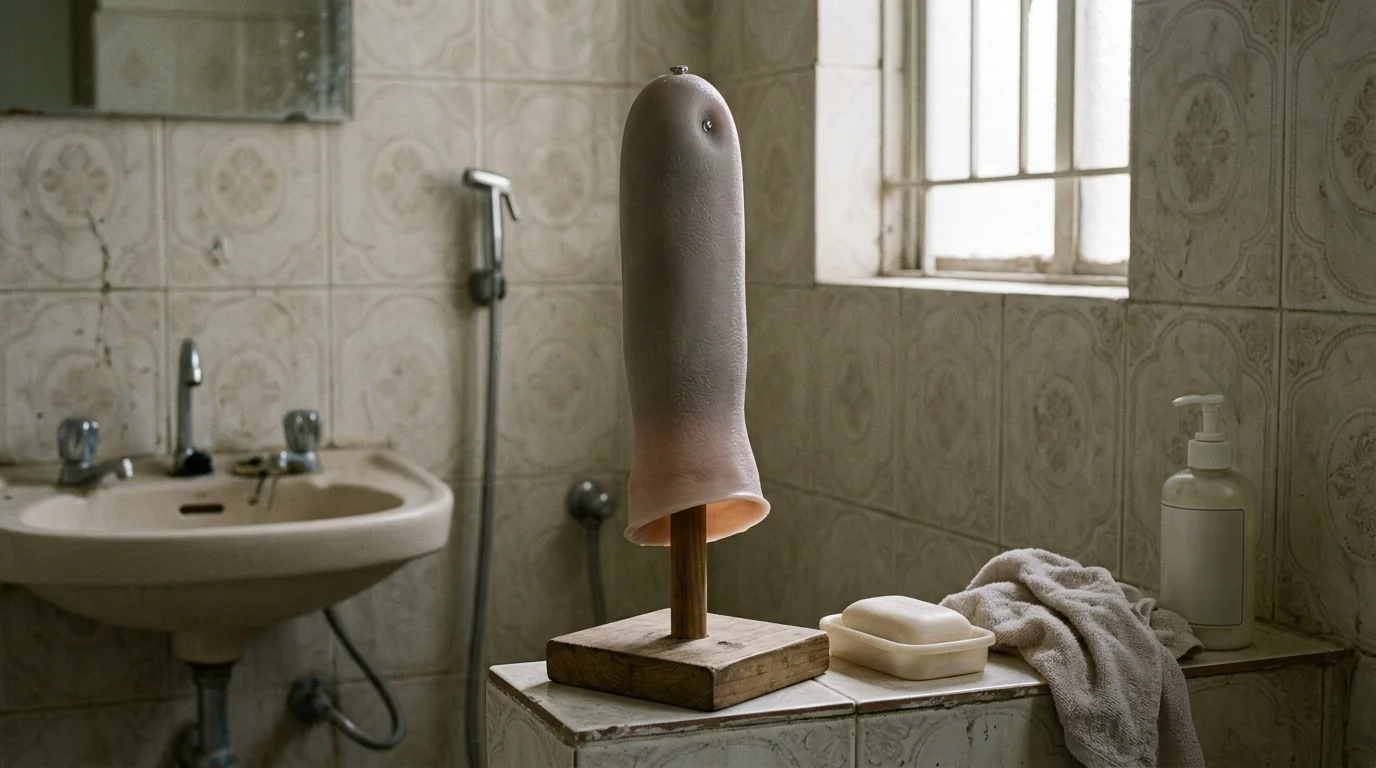 Liner drying inside out beside soap, a towel and moisturiser