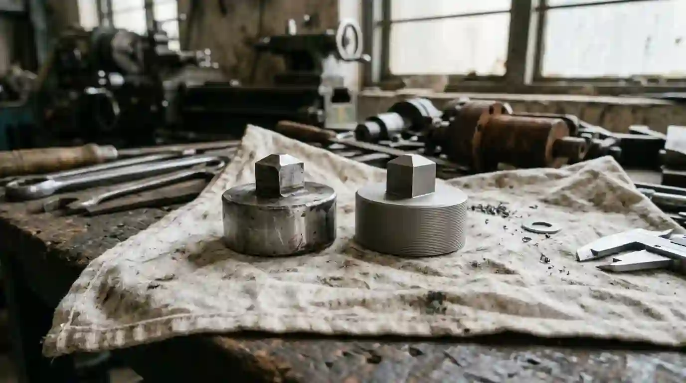 Local steel adapter beside an imported titanium adapter