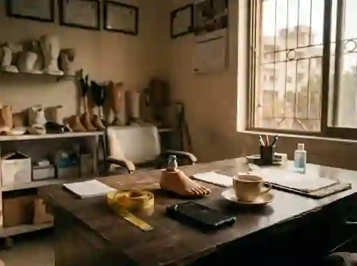 Prosthetist desk with a phone, a tape and a prosthetic foot