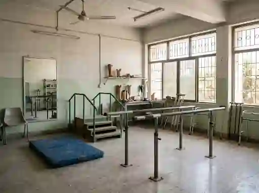 Training area with parallel bars, a mirror and practice steps