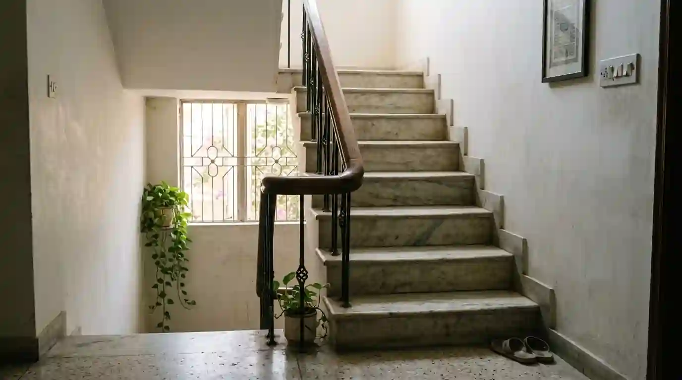Indoor stairs with a sturdy handrail