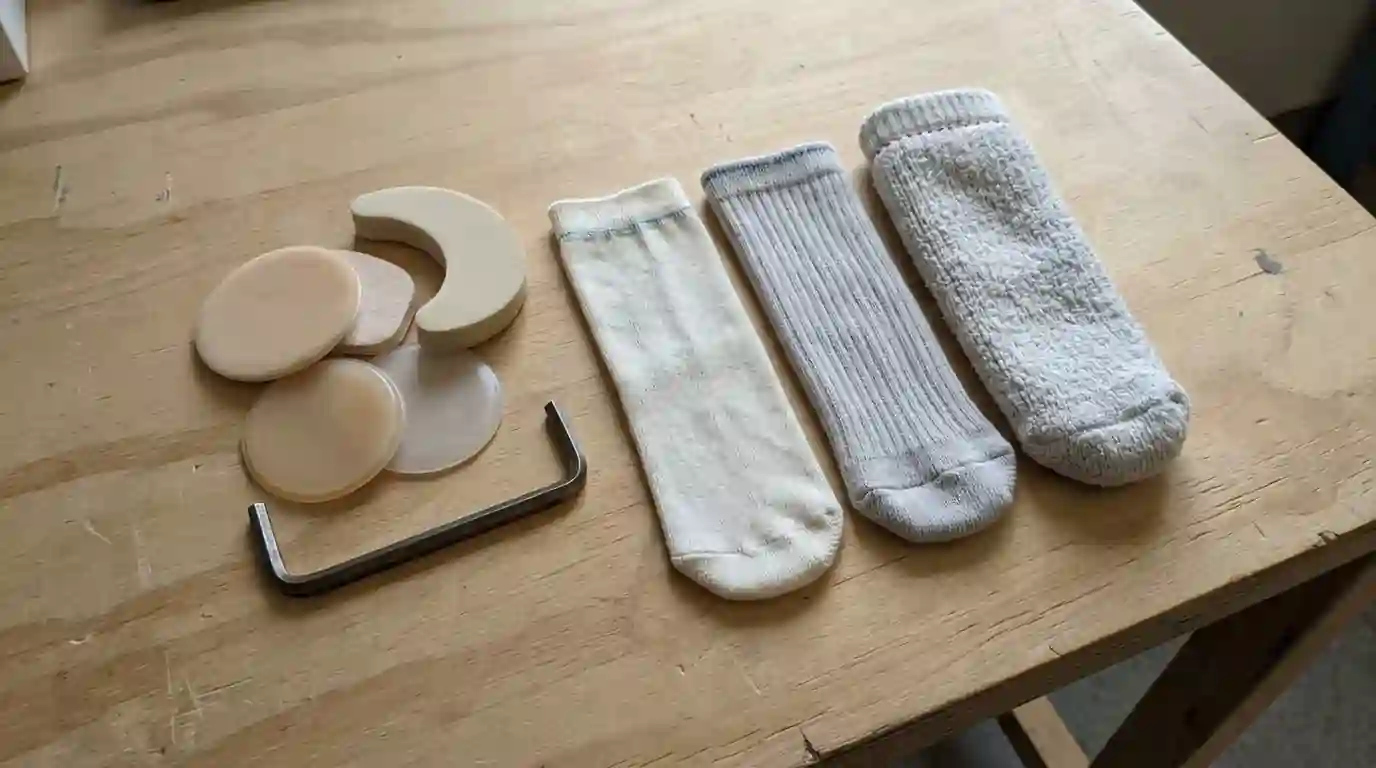 Socket pads, stump socks and an Allen key on a tray