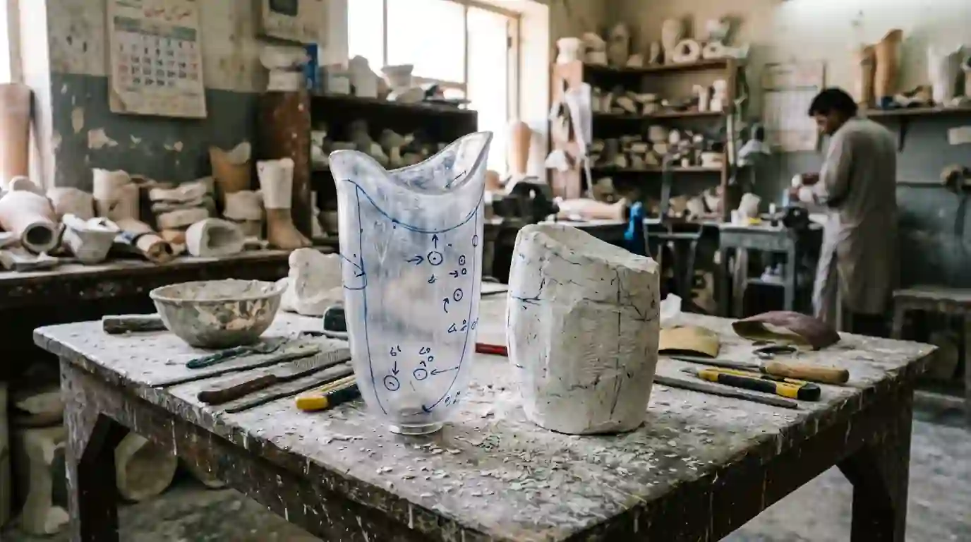 Clear test socket with pencil marks beside its plaster model