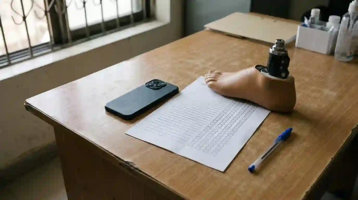 Phone face down beside a checklist and a prosthetic foot model
