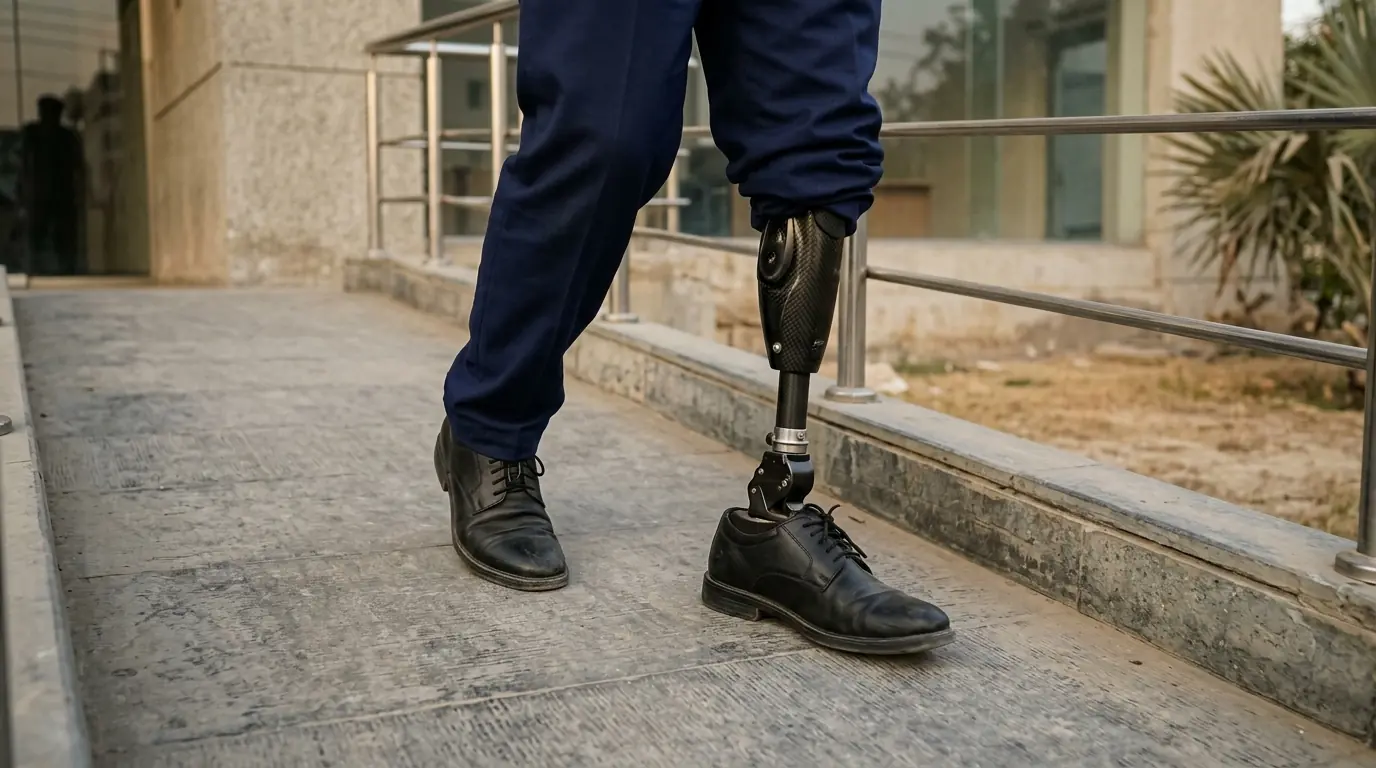 Man walking down a ramp with a prosthetic foot in a leather shoe